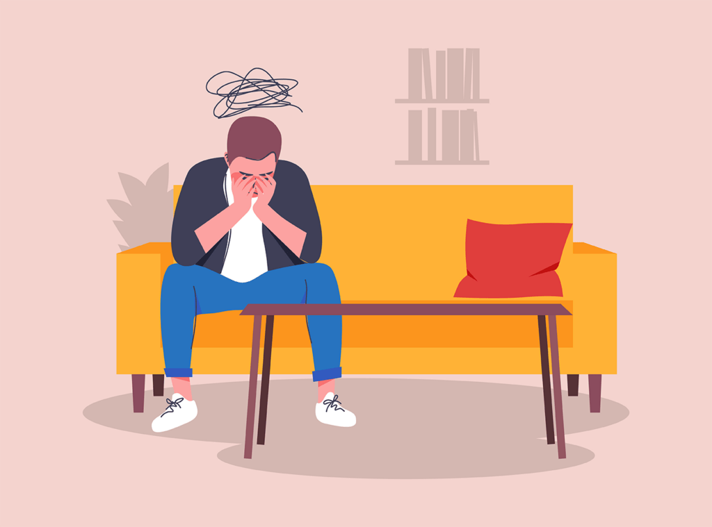 Illustration of man on couch with busy and anxious mind